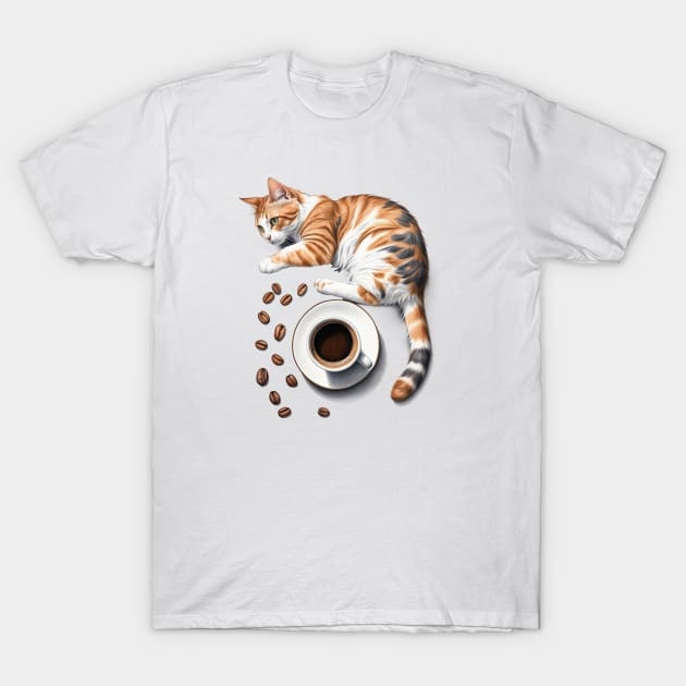 Cute Cat and Espresso Coffee Beans and Cup Design T-Shirt by TF Brands